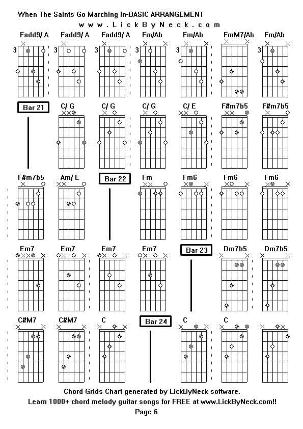 Chord Grids Chart of chord melody fingerstyle guitar song-When The Saints Go Marching In-BASIC ARRANGEMENT,generated by LickByNeck software.